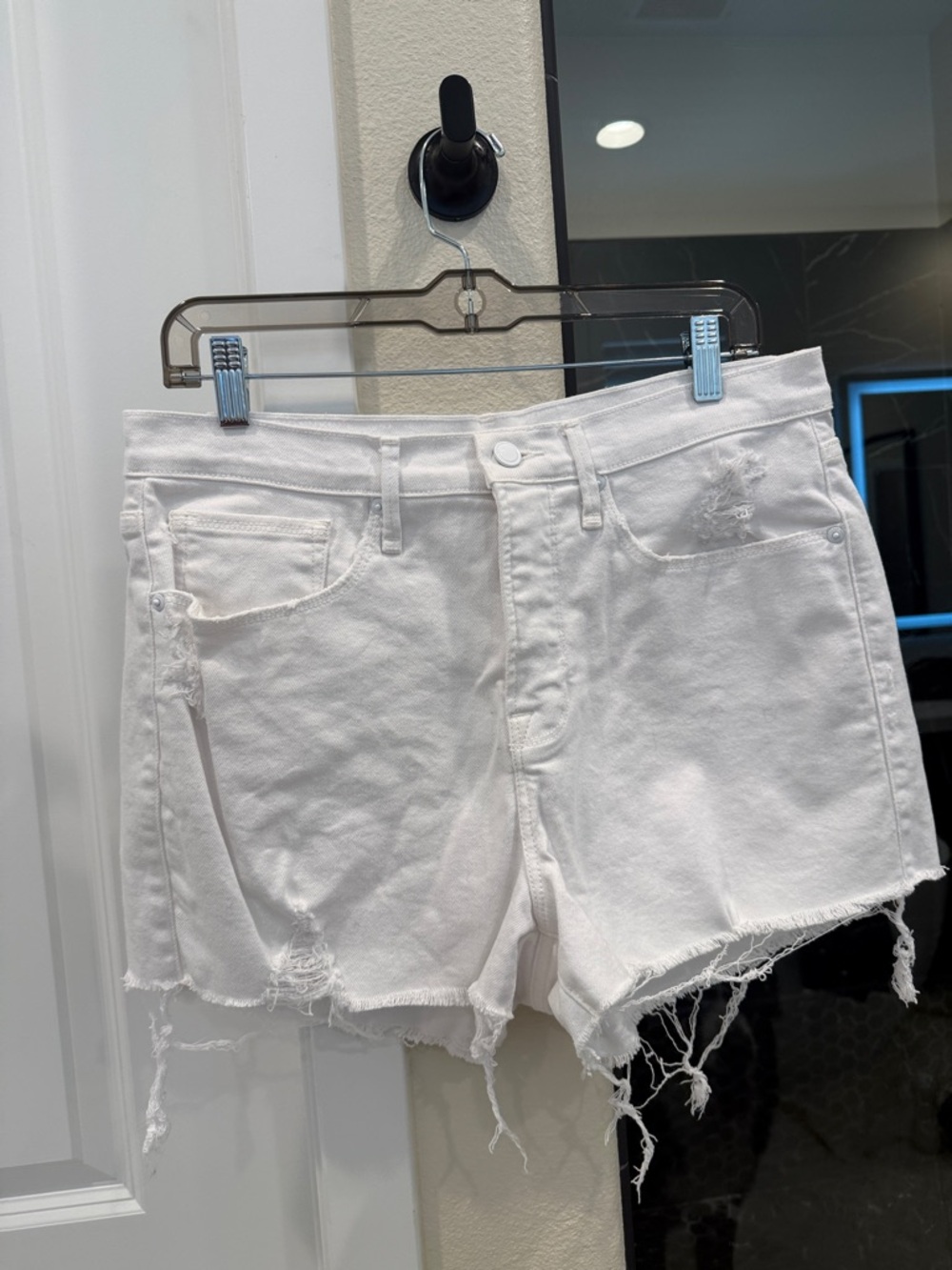 Good American White Distressed Denim Cutoff Shorts